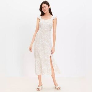 NWOT - White Midi Dress w/ Tan Swirl Designs, Ruffle Sleeves and Slit (size 10P)